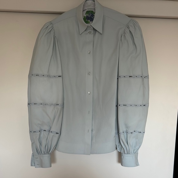 Alaia Tops - Alaia Blue Puff Sleeve Blouse with Dress Shirt Collar